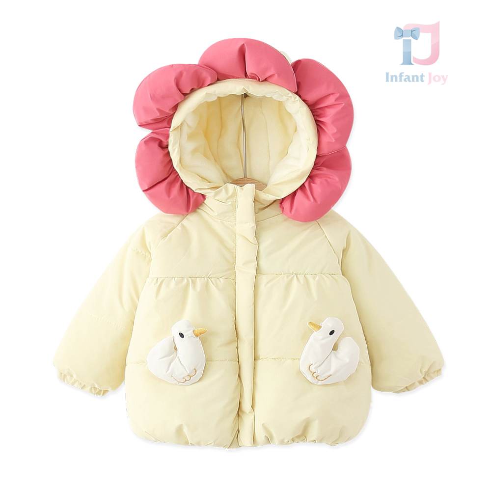 Parkă de iarnă cu căptușeală călduroasă, glugă și elemente 3D Swan Puff