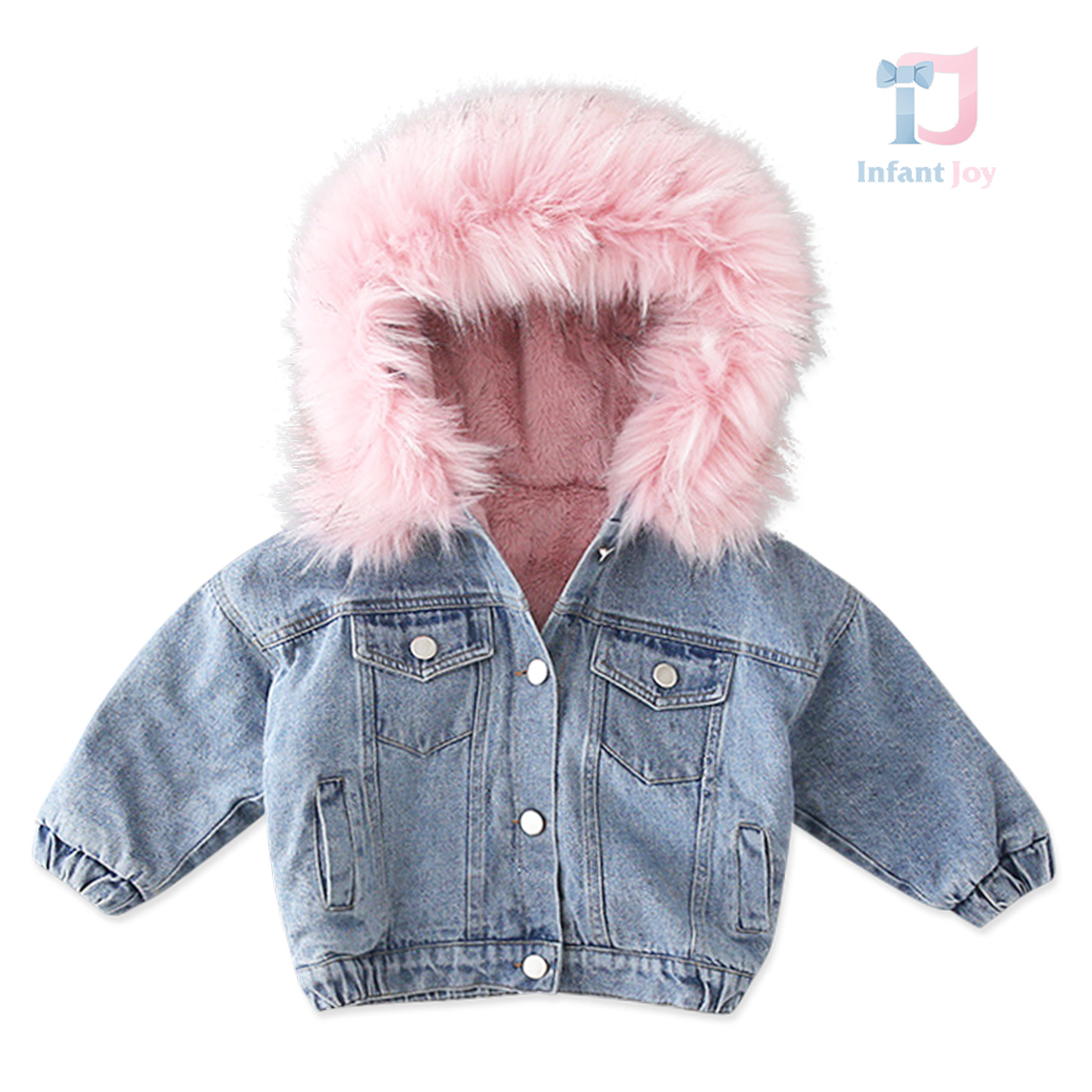 Geacă Premium de iarnă din denim cu pluș călduros și glugă cu blană ecologică bogată Winter Glow Pink