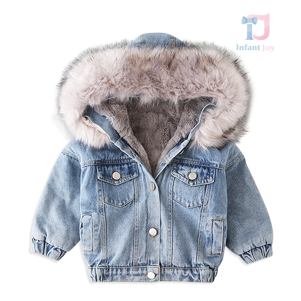 Geacă Premium de iarnă din denim cu pluș călduros și glugă cu blană ecologică bogată Winter Glow