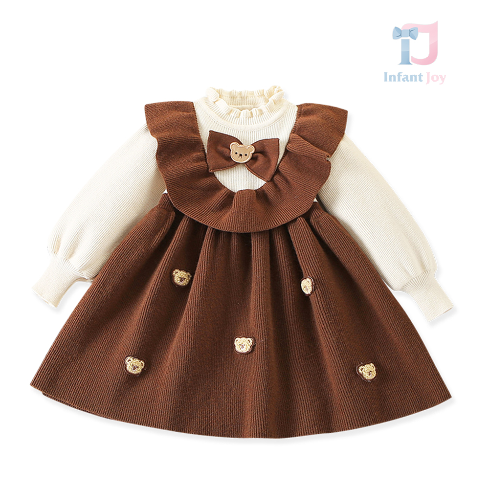 Rochie din tricot reiat fin cu volane și accente 3D Cozy Bear Chocolate