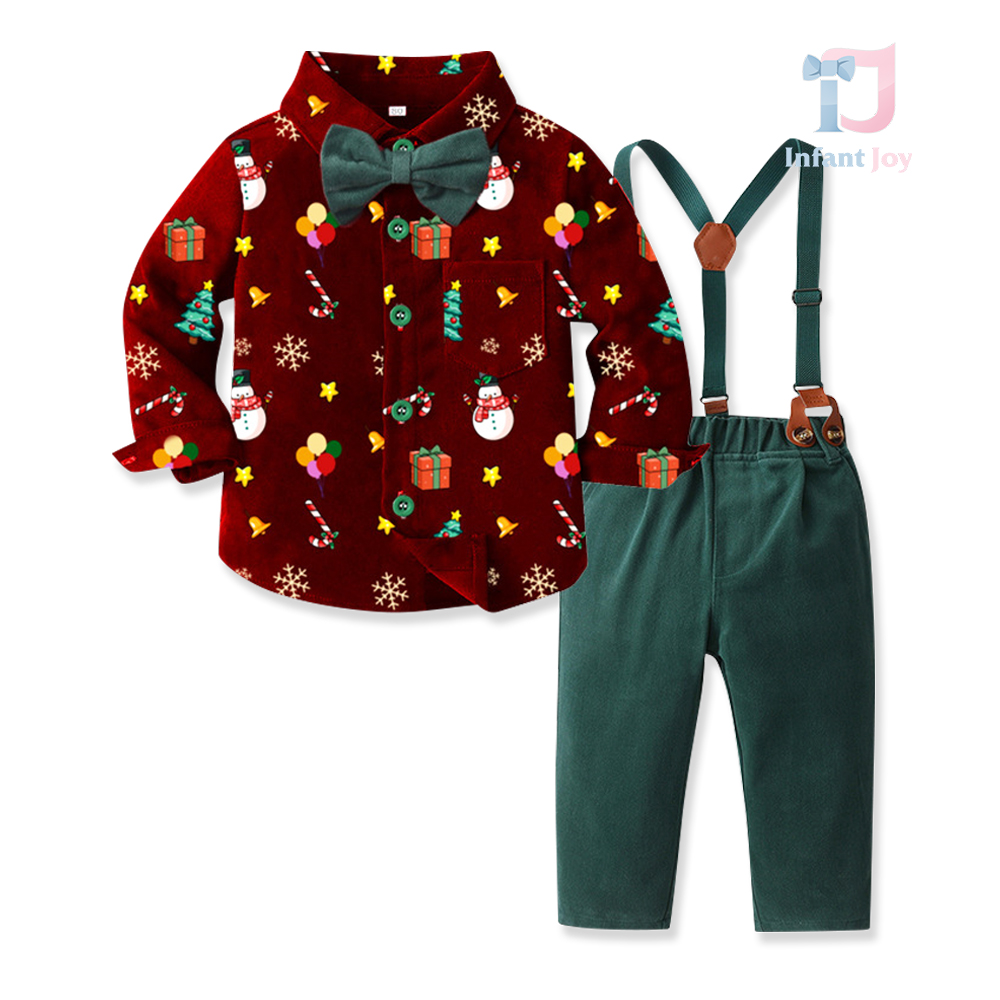 Set festiv de 4 piese cu cămașă cu model de Crăciun, papion, pantaloni și bretele Festive Icon