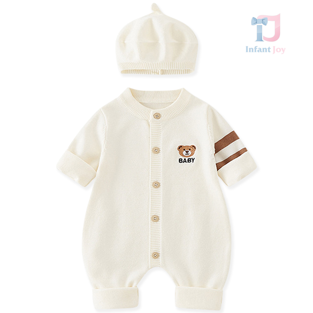 Set premium din tricotaj de 2 piese cu salopetă și căciuliță My Baby Bear Vanilla