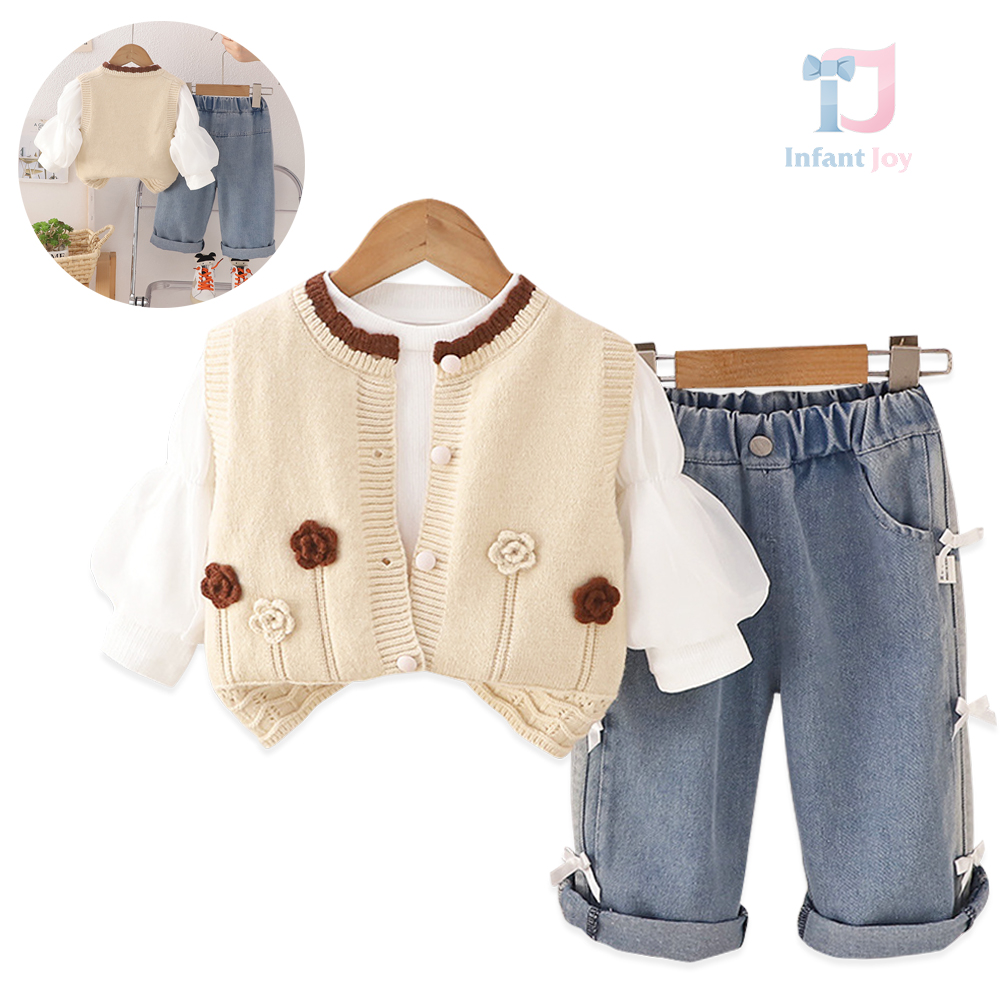 Set de 3 piese cu cardigan cu flori 3D, bluză cu mâneci bufante și pantaloni din denim cu fundițe Beige Aura