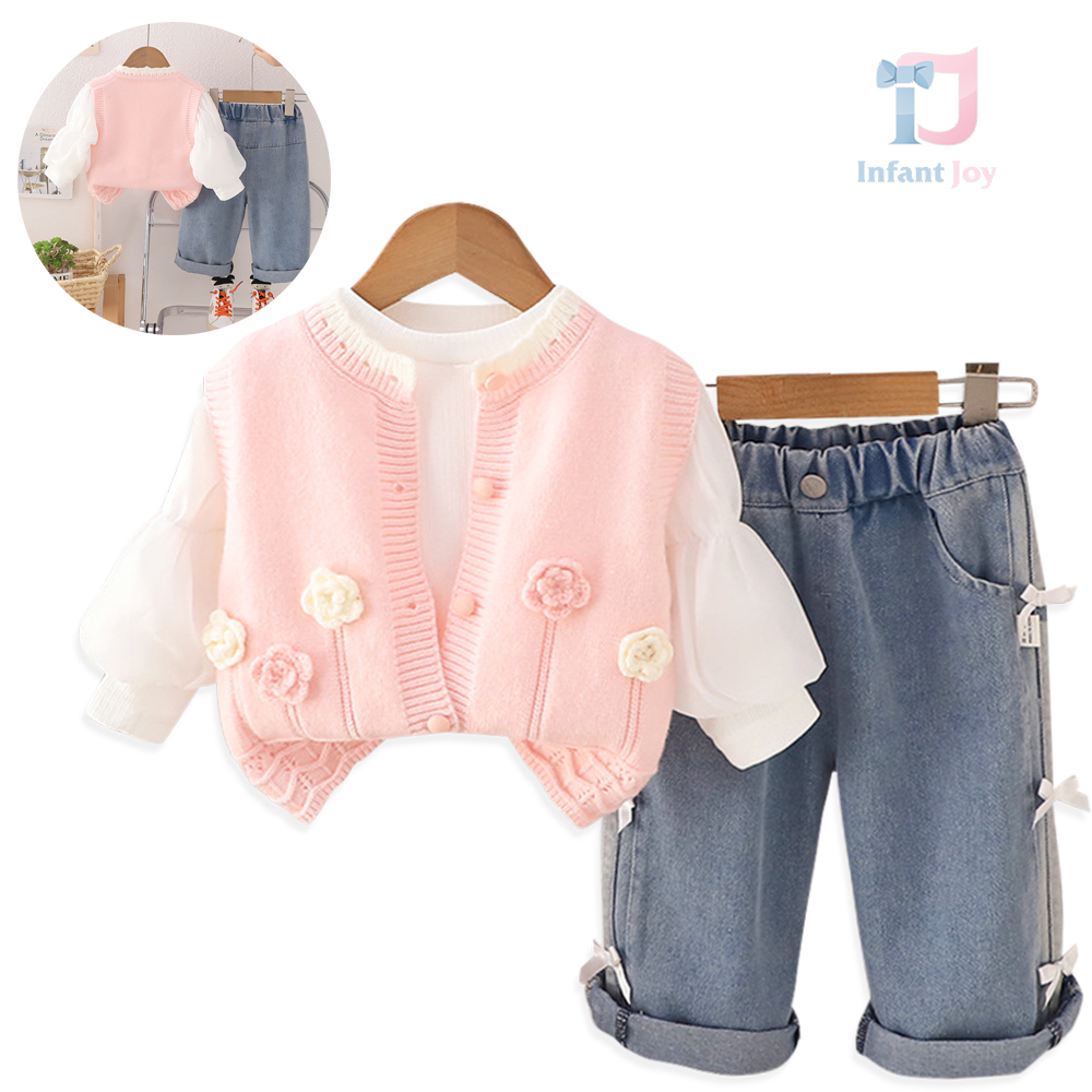 Set de 3 piese cu cardigan cu flori 3D, bluză cu mâneci bufante și pantaloni din denim cu fundițe Blossom Aura