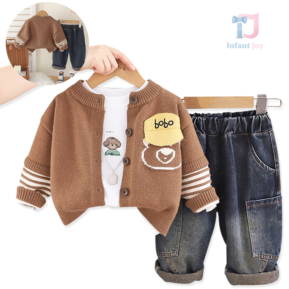 Set modern de 4 piese cu cardigan, bluză, pantaloni din denim și pandantiv Bobo Gogo