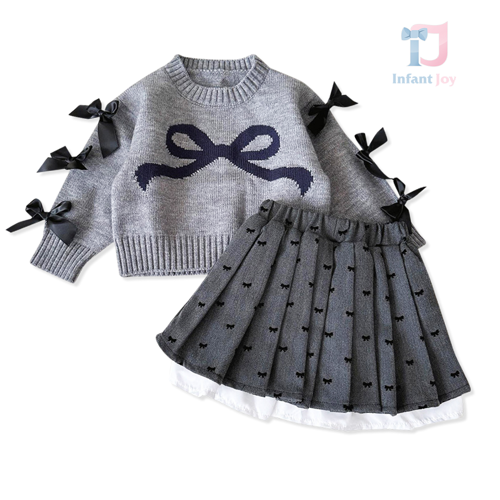 Set premium de 2 piese cu pulover cu multiple fundițe 3D și fustă plisată Chic Ribbon Grey