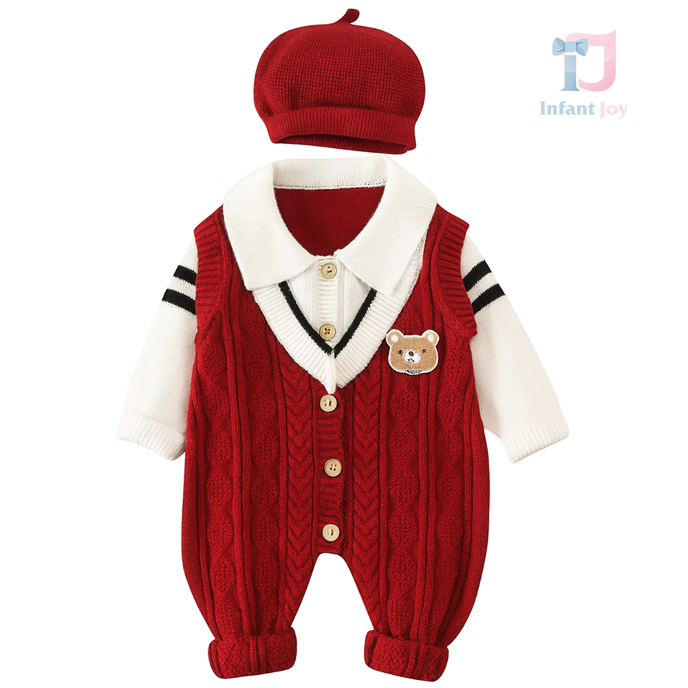 Set premium din tricotaj de 2 piese cu salopetă și căciulă Paris Bear