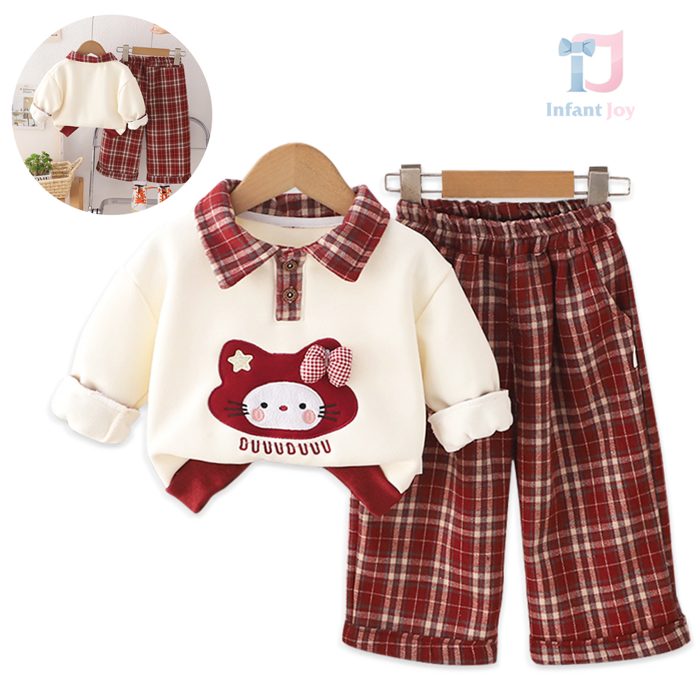 Set de 2 piese cu bluză/hanorac matlasat cu guler clasic și pantaloni în carouri Plaid Kitty