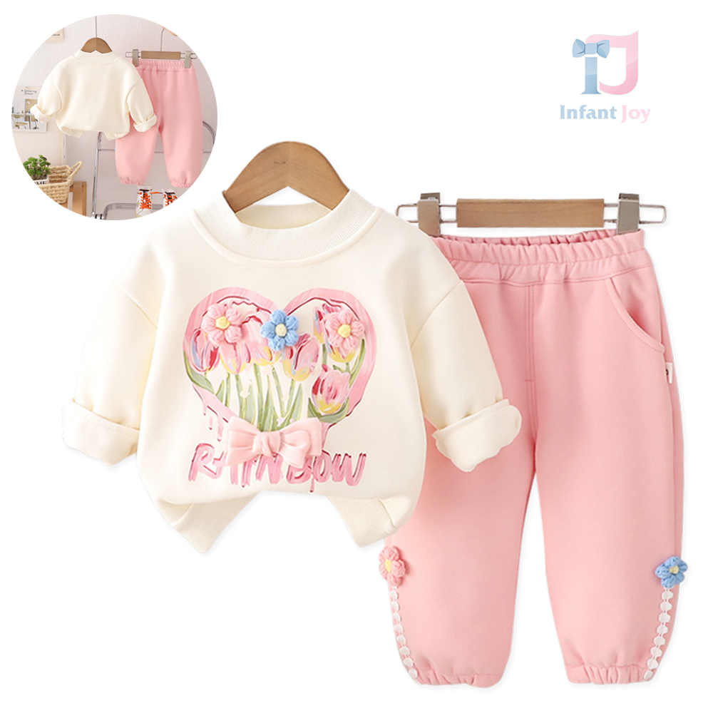 Set matlasat de 2 piese cu bluză/hanorac cu elemente 3D frumoase și pantaloni Rainbow Flowers