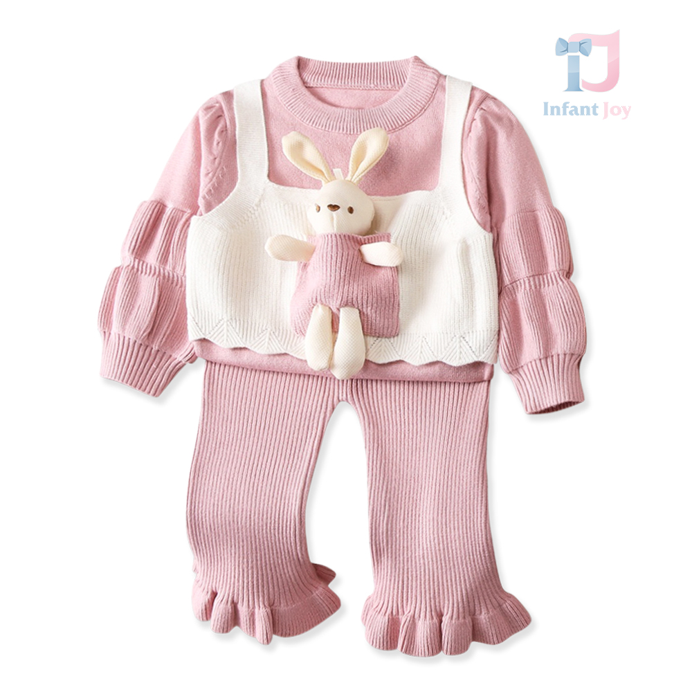 Set premium din tricot reiat de 3 piese cu pulover, pantaloni tip „clopot” și jucărie iepuraș Rosy Bunny