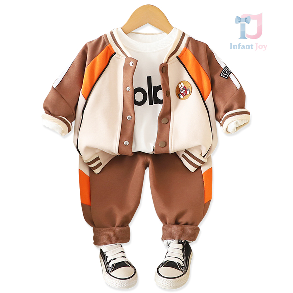 Set de 3 piese cu jachetă bomber cu închidere cu capse, bluză imprimată și pantaloni Varsity Boy Orange