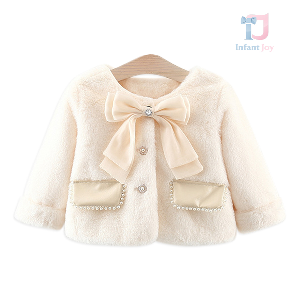 Palton din pluș cu fundiță 3D frumoasă și buzunare decorative din piele Blush Royale Vanilla