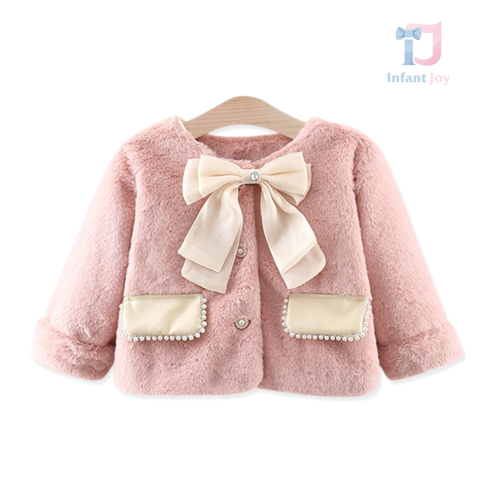 Palton din pluș cu fundiță 3D frumoasă și buzunare decorative din piele Blush Royale