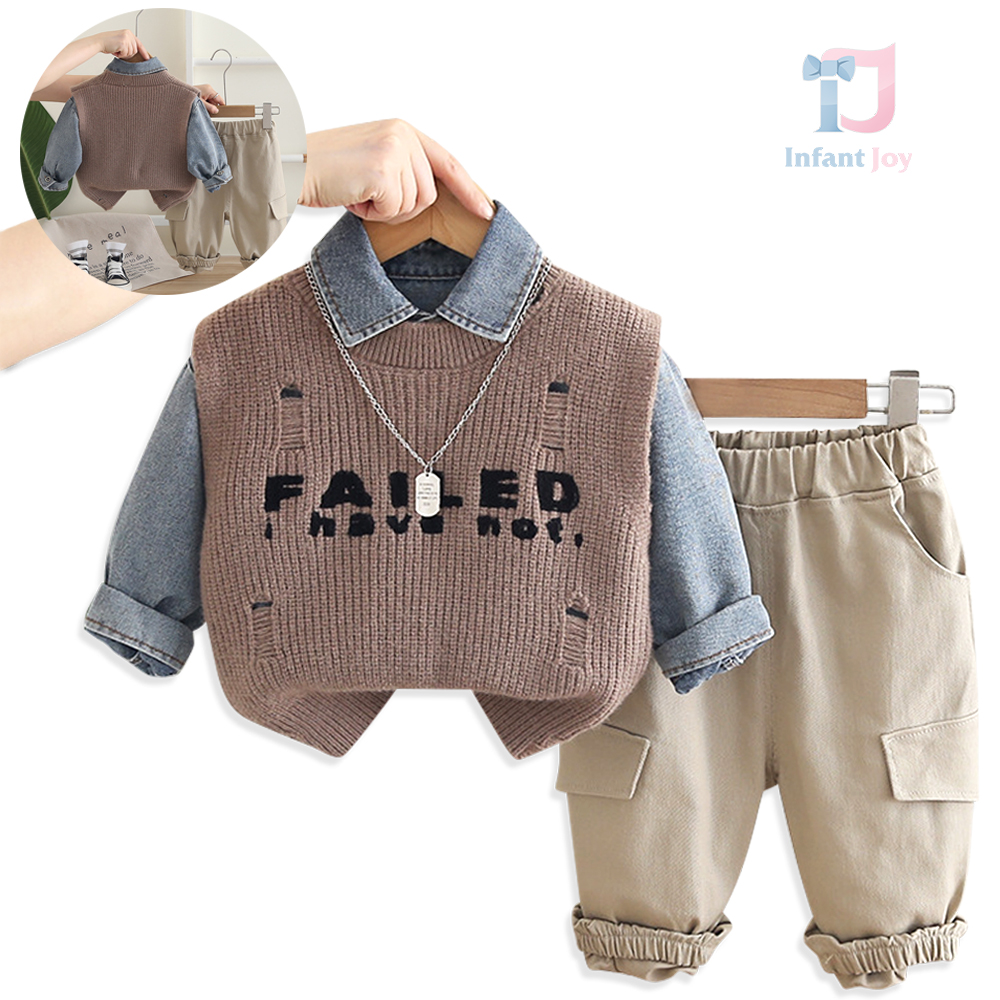 Set modern de 4 piese cu vestă, cămașă din denim, pantaloni cargo și pandantiv Trend Boy