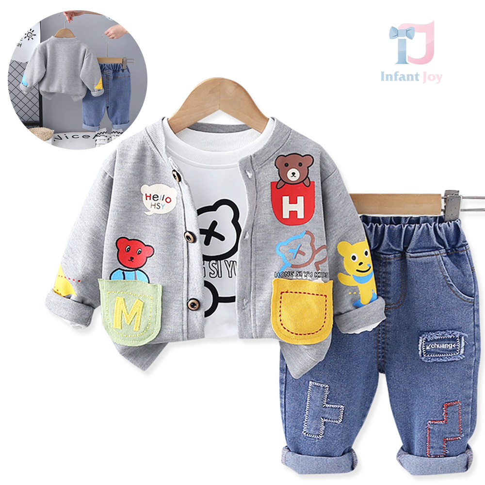 Set modern de 3 piese cu cardigan imprimat, bluză și pantaloni din denim Little Mischief Grey