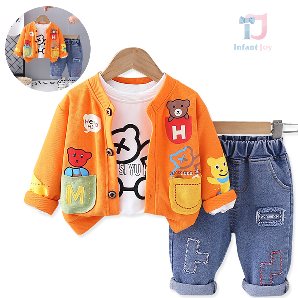 Set modern de 3 piese cu cardigan imprimat, bluză și pantaloni din denim Little Mischief