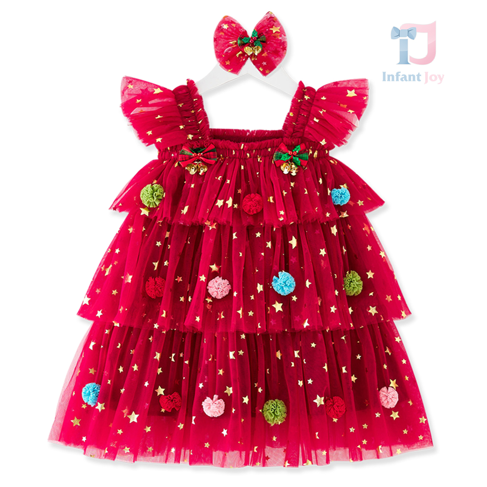 Rochie festivă cu multe steluțe și pompoane colorate Christmas Tree Red