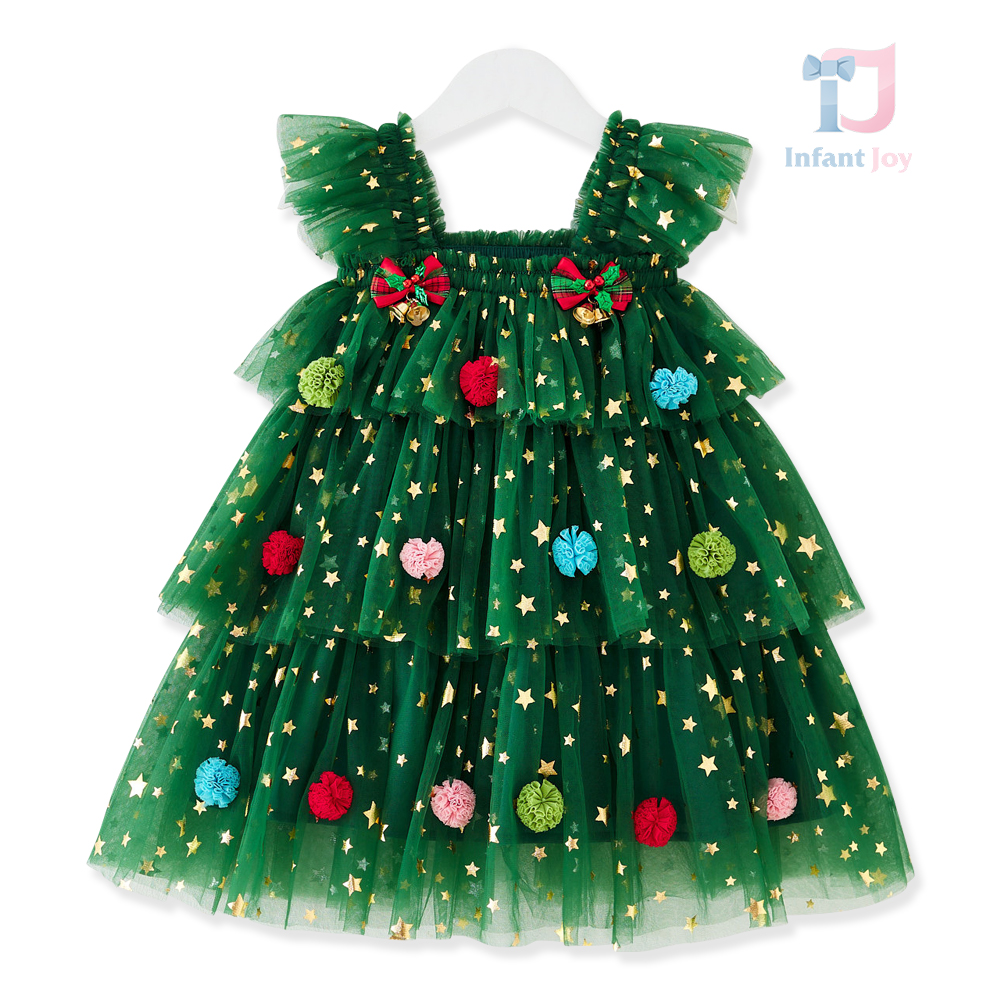 Rochie festivă cu multe steluțe și pompoane colorate Christmas Tree Green