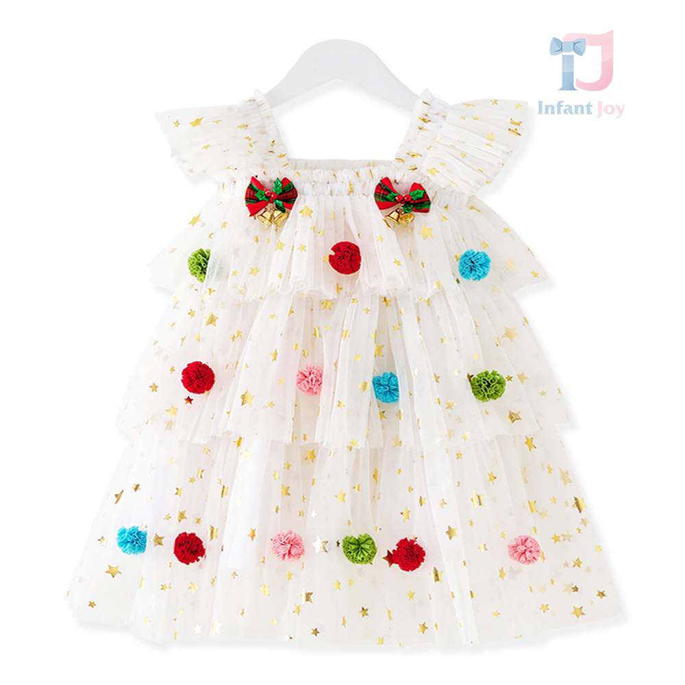 Rochie festivă cu multe steluțe și pompoane colorate Christmas Tree