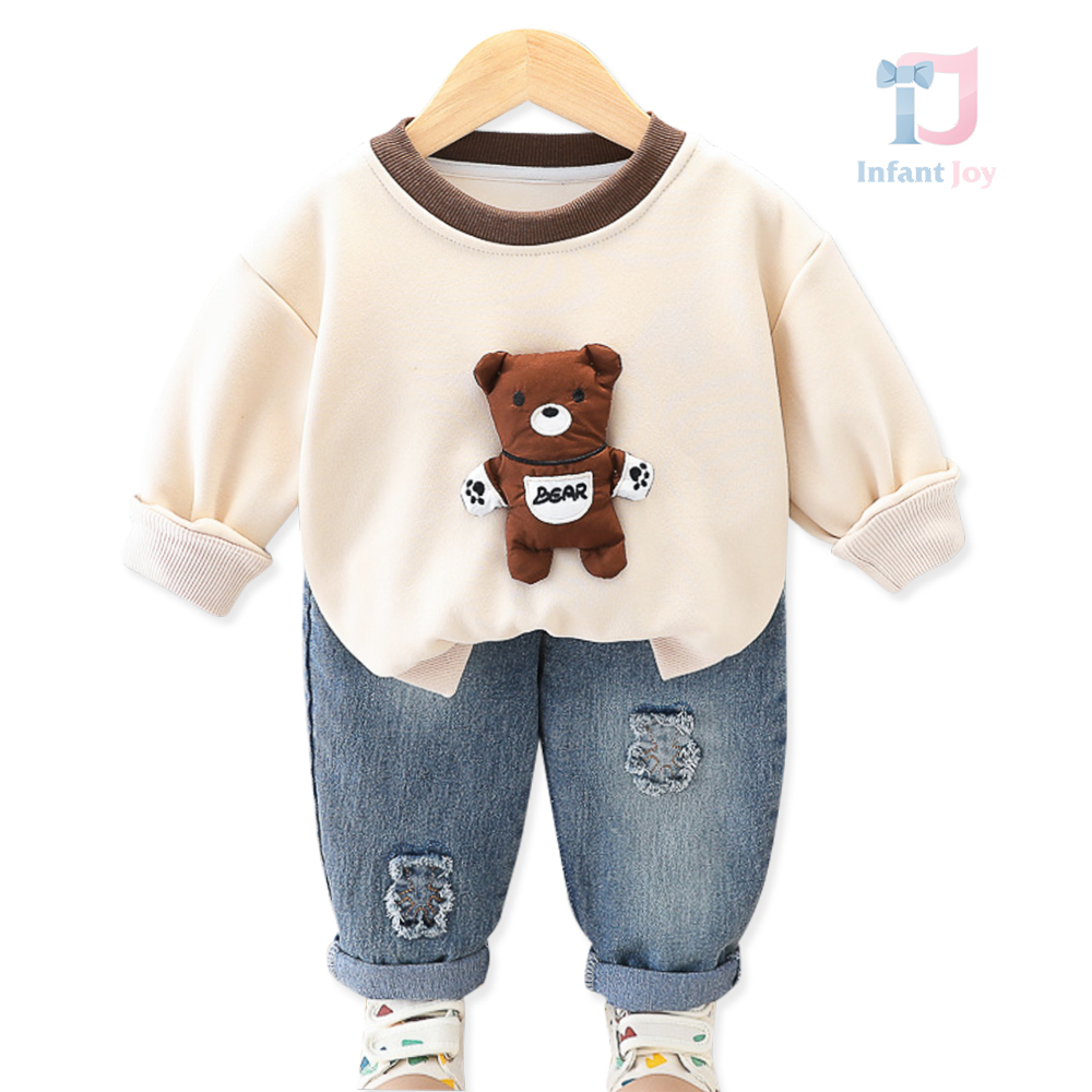 Set de 2 piese cu bluză cu elemente 3D și pantaloni din denim cu aplicații Bear Mode