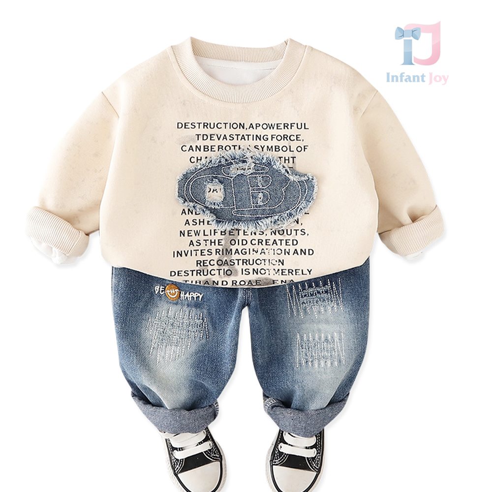 Set de 2 piese cu bluză/hanorac cu aplicație și pantaloni din denim Be Happy