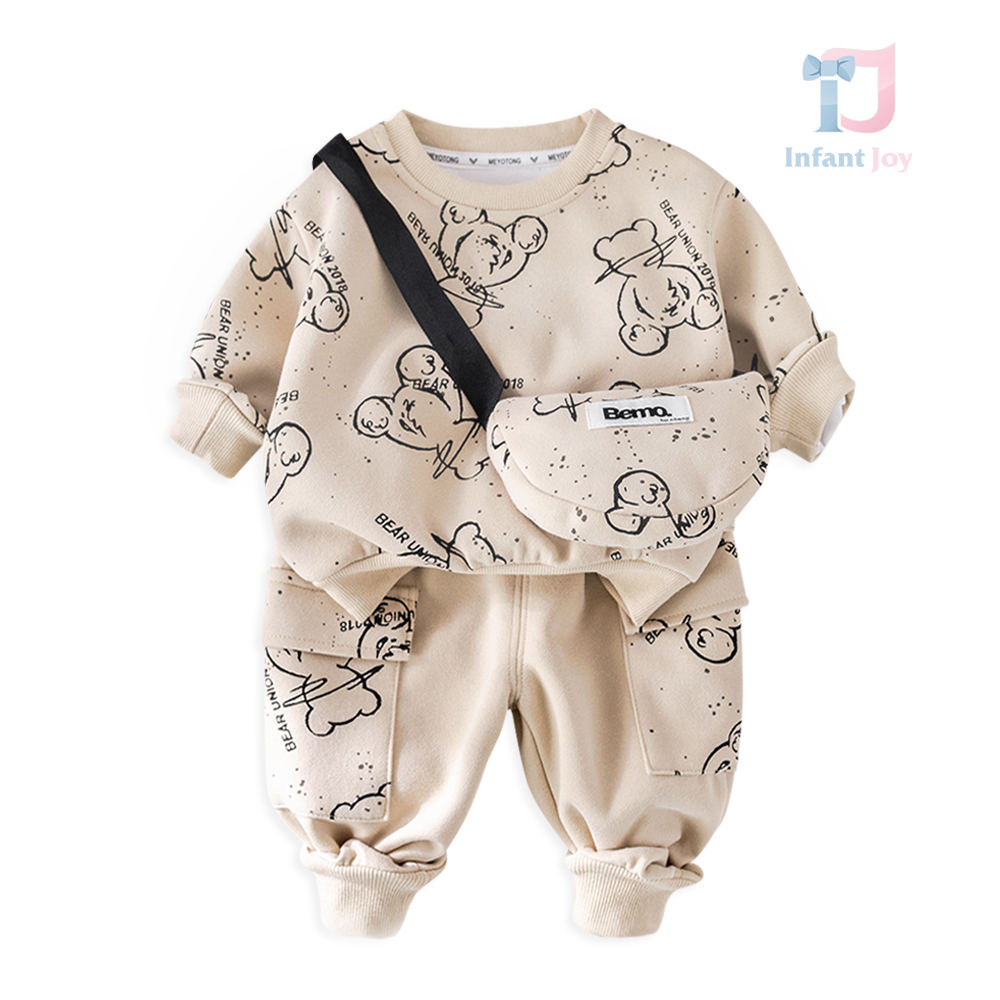 Set sport de 3 piese cu bluză/hanorac imprimat, pantaloni și gentuță crossbody Bear Star Beige