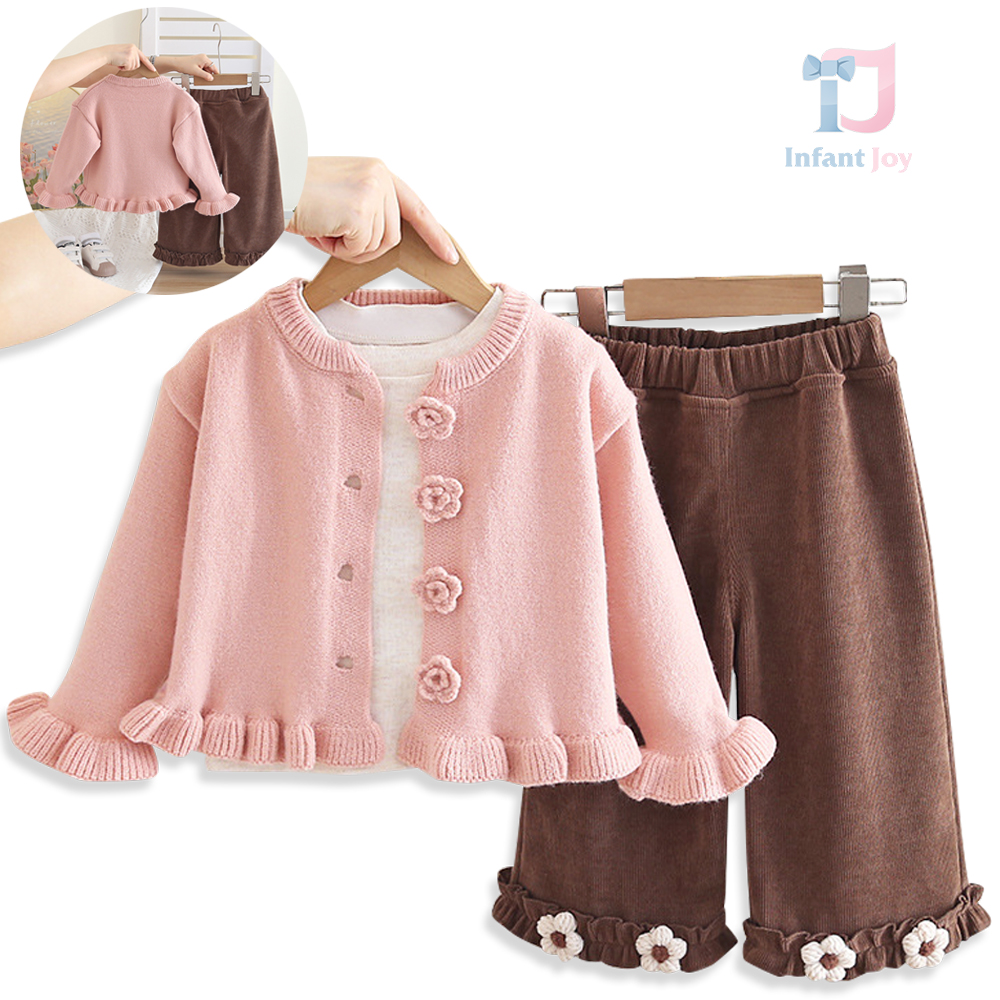 Set de 3 piese cu cardigan cu volănașe, bluză și pantaloni cu elemente 3D Beautiful Flowers