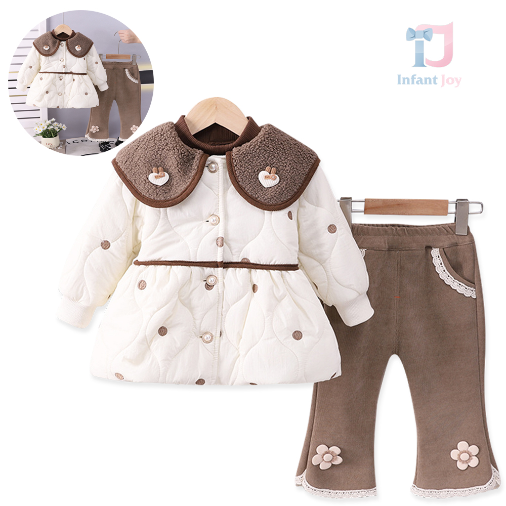 Set de 3 piese cu parka matlasată cu guler tip Peter Pan, bluză reiată și pantaloni din denim Butter Bloom White