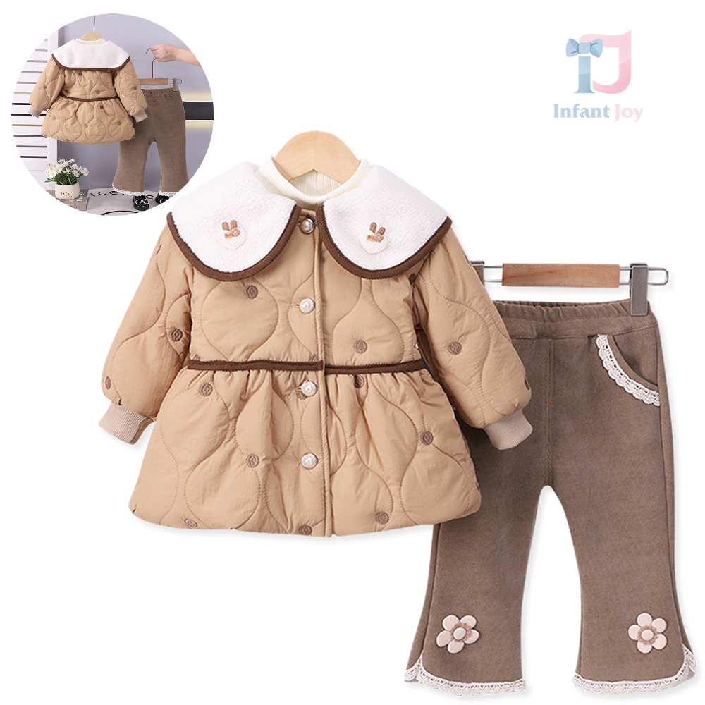 Set de 3 piese cu parka matlasată cu guler tip Peter Pan, bluză reiată și pantaloni din denim Butter Bloom