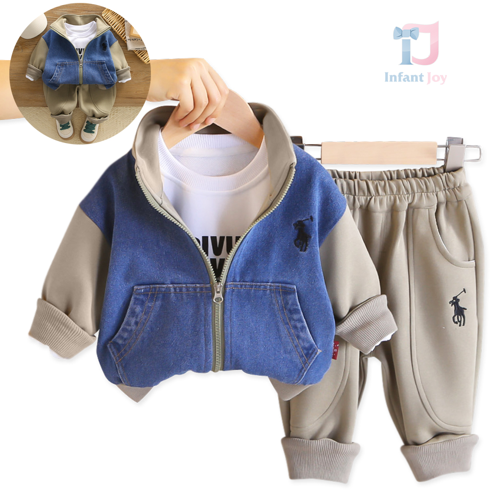 Set Sport de 2 piese din hanorac cu guler Înalt din denim, bluză și pantaloni cu broderii Denim Voyage Grey