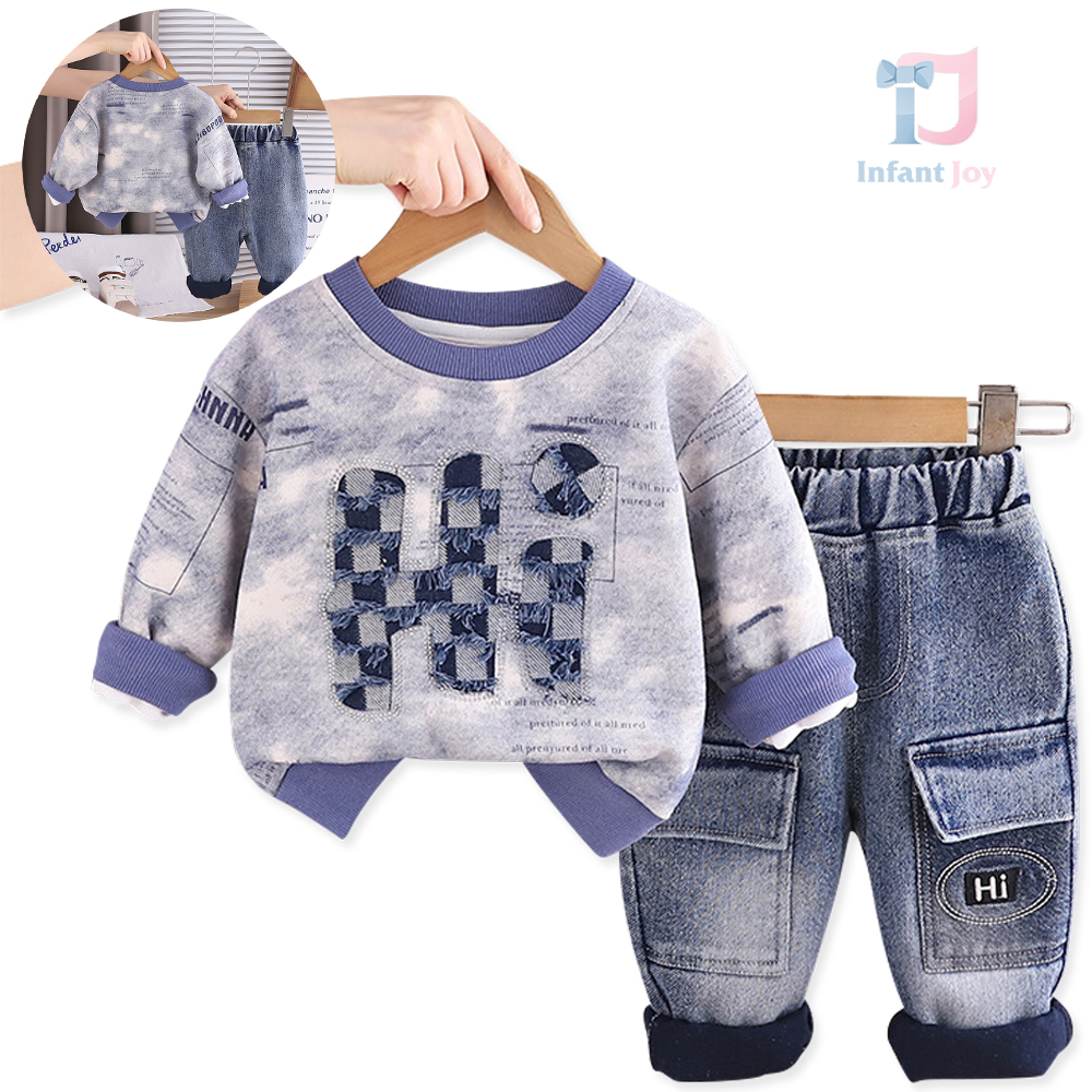 Set vătuit de 2 piese din bluză/sweatshirt cu aplicație și pantaloni din denim Hi Denim