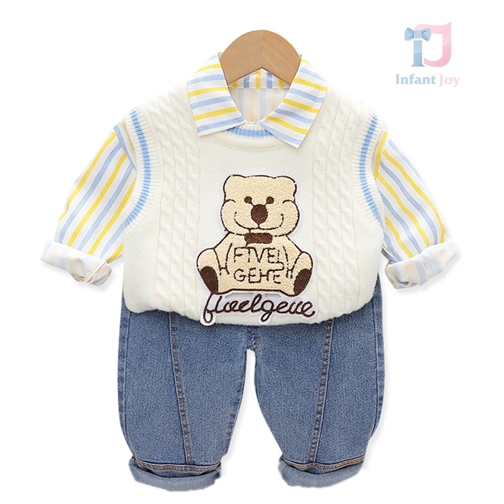Set de 3 piese cu vestă cu aplicație pufoasă, cămașă în dungi și pantaloni din denim Little Munchkin