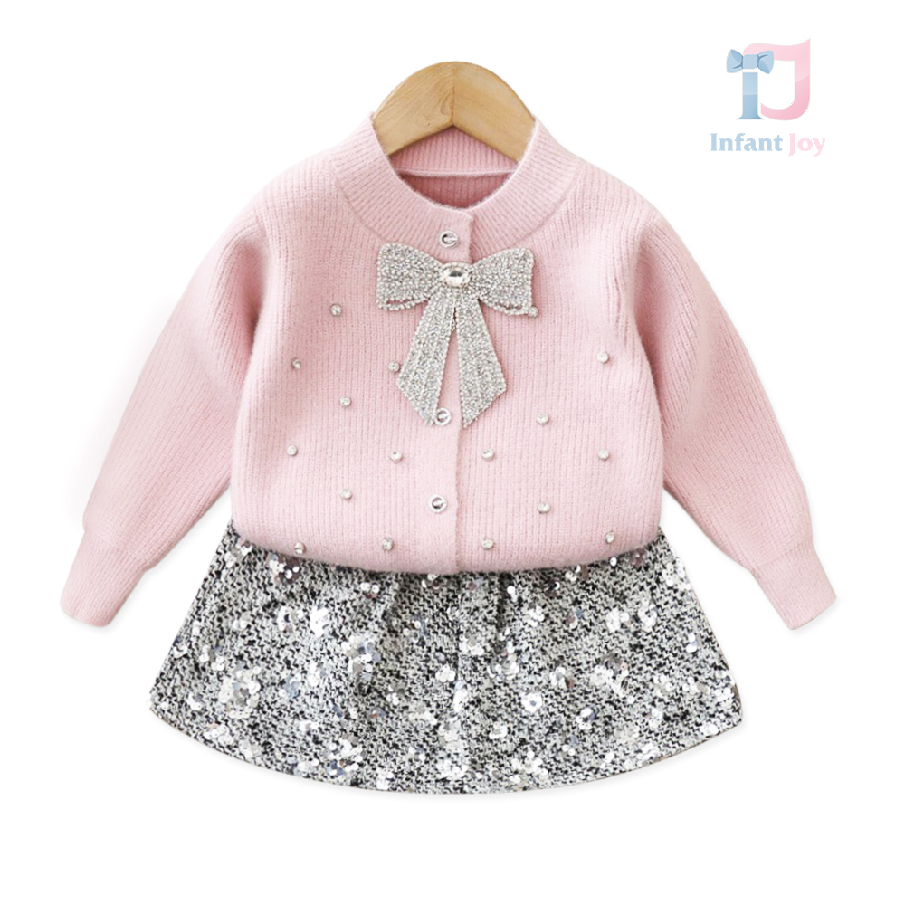 Set Premium de 2 piese cu cardigan cu fundiță strălucitoare și fustă cu paiete Pearl Glimmer