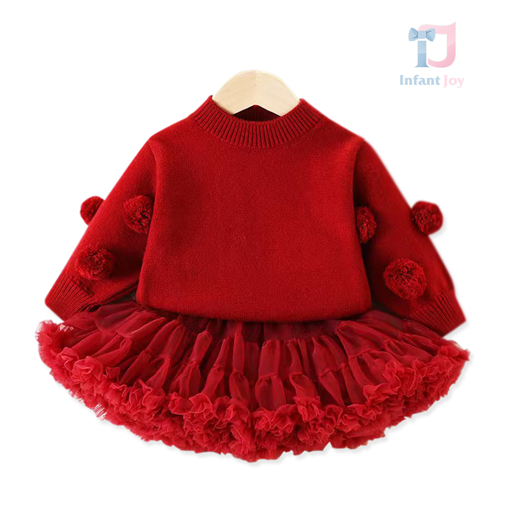 Set Premium de 2 piese cu pulover cu pompoane și fustă tutu voluminoasă Ruby Fluff