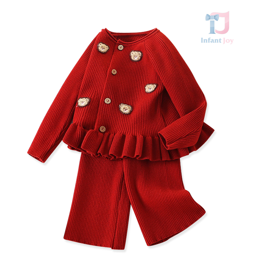 Set de 2 piese din tricot rib cu aplicații pufoase Red Sweetness