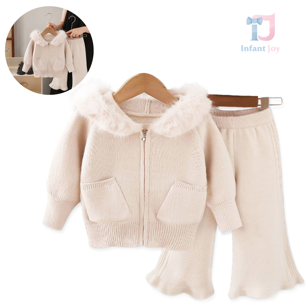 Set Premium de 2 piese cu hanorac cu glugă, guler din blană eco și pantaloni tip „cloche” Winter Echo Beige