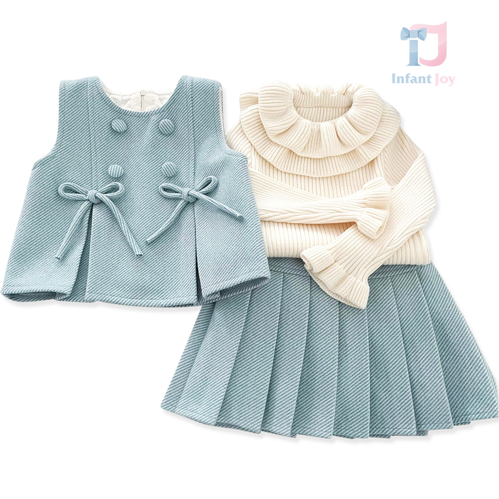 Set Premium elegant de 3 piese cu vestă cu elemente decorative, pulover rib cu guler extravagant și fustă plisată Paris Belle