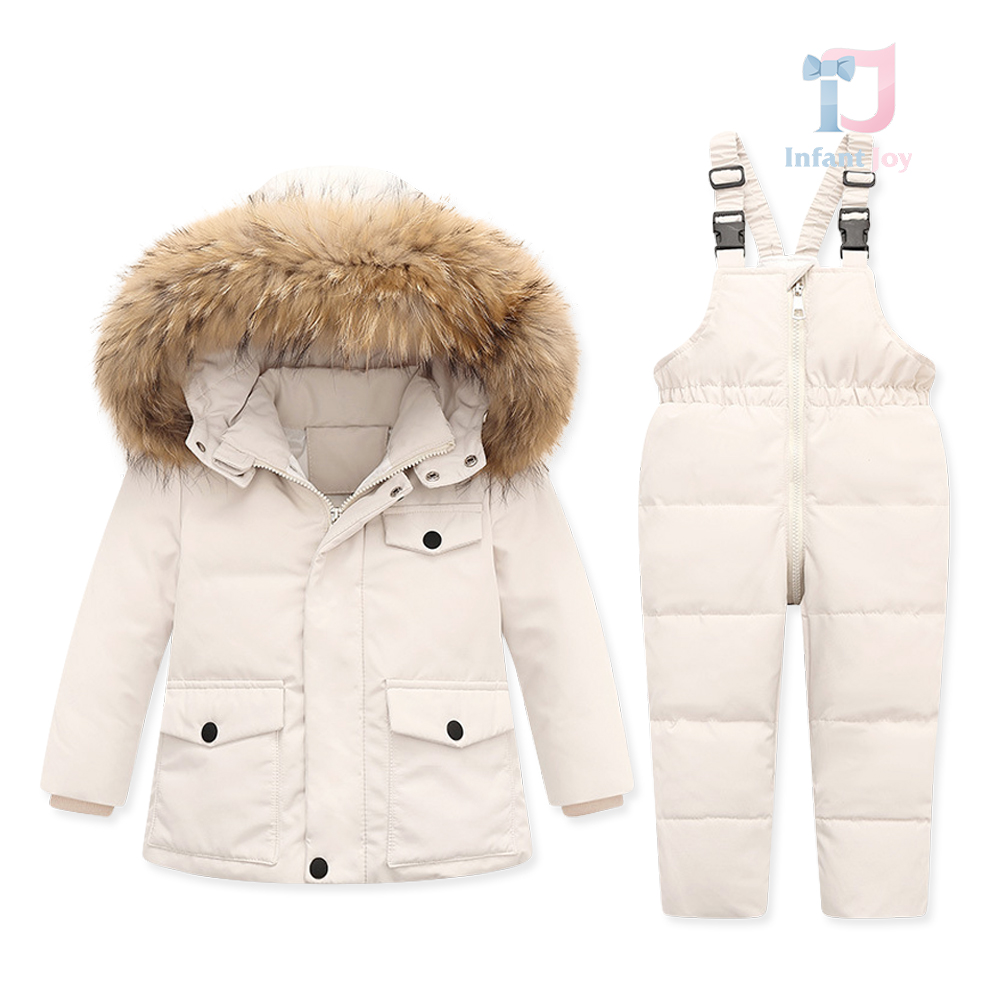 Set Premium de schi impermeabil de 2 piese, din salopetă și geacă cu glugă cu blană naturală Winter Adventure Beige
