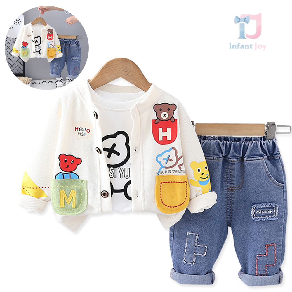 Set modern de 3 piese cu cardigan imprimat, bluză și pantaloni din denim Little Mischief Vanilla