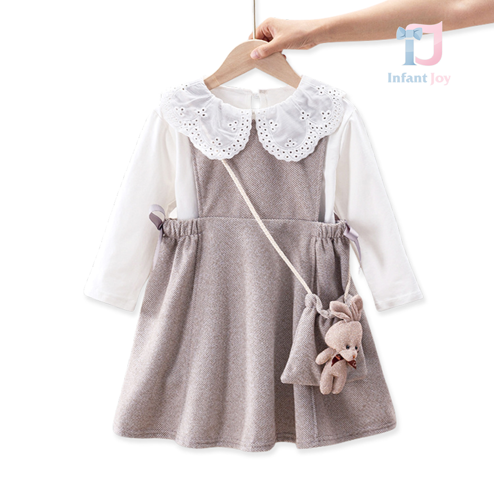 Set elegant de 3 piese cu bluză cu guler din dantelă, sarafan și gentuță cu elemente 3D Fairy Belle