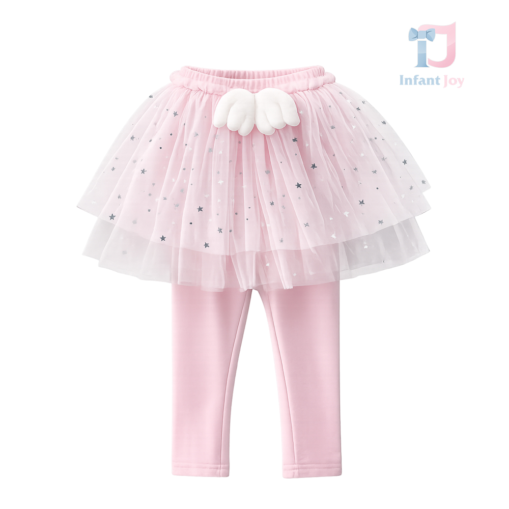 Colanți cu fustă tutu, decorați cu multiple stele cromate și element 3D Angel Star Pink