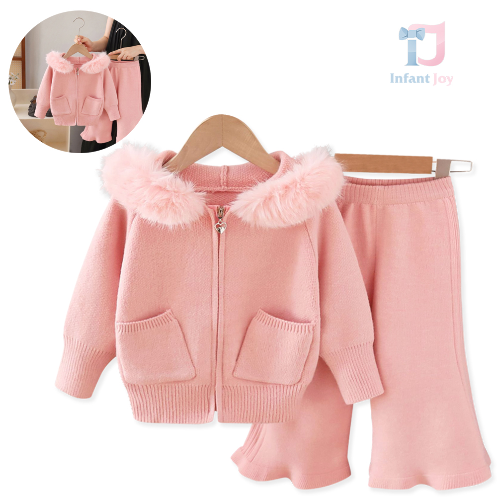 Set premium de 2 piese din sweatshirt cu glugă, guler din blană ecologică și pantaloni tip Charleston Winter Echo Pink
