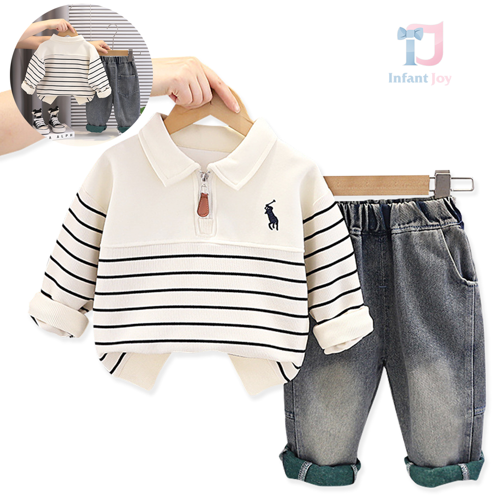 Set de 2 piese din bluză cu guler clasic, fermoar, broderie și pantaloni din denim Elegant Polo