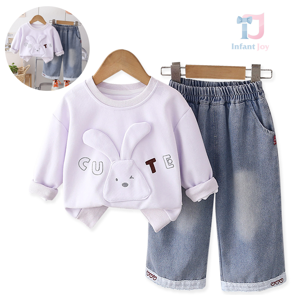 Set de 2 piese din bluză/sweatshirt cu elemente 3D, broderii și pantaloni din denim Cute Bunny