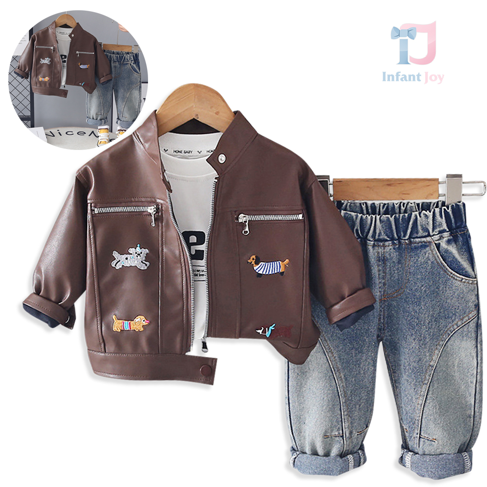 Set de 3 piese cu jachetă brodată din piele ecologică, bluză și pantaloni din denim Fashion Dogs