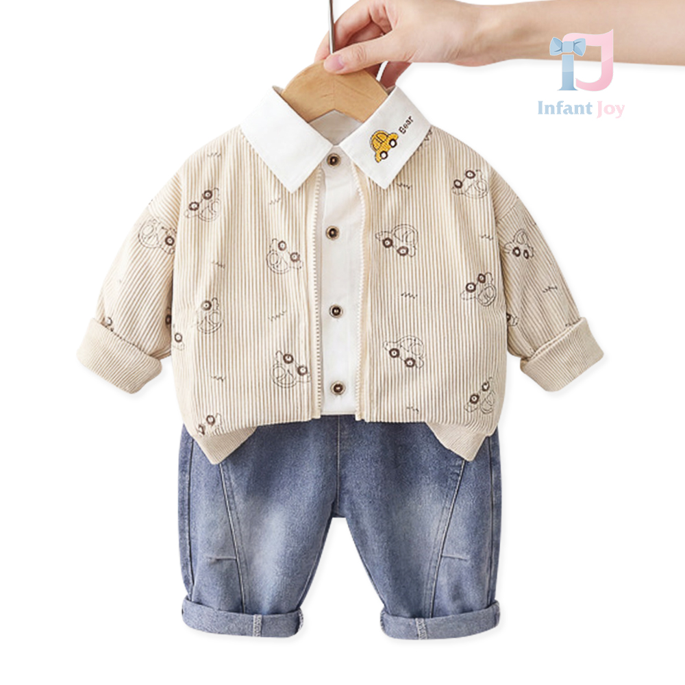 Set de 3 piese cu jachetă din denim, cămașă cu guler clasic și pantaloni din denim Kiddo Driver Beige