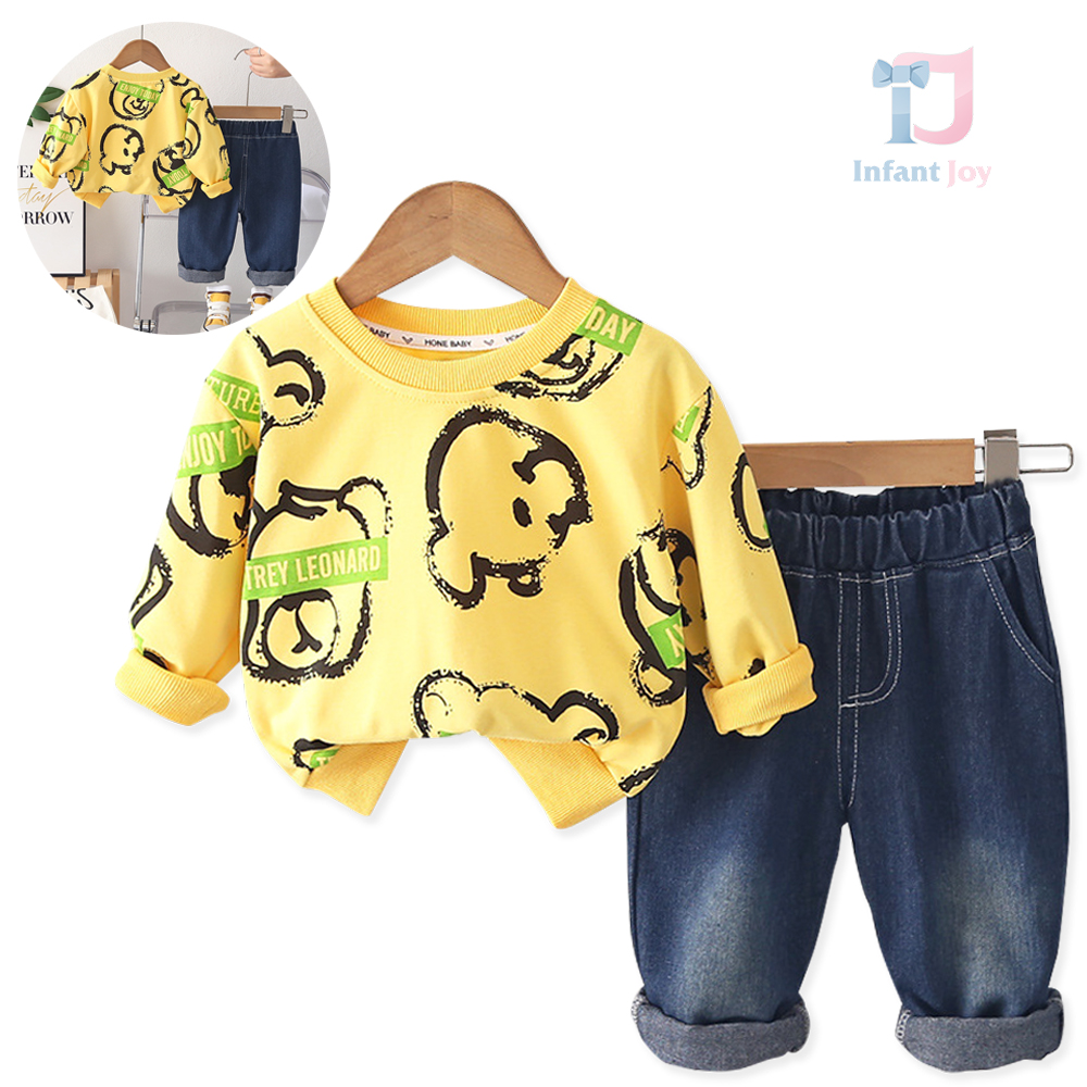 Set de 2 piese din bluză/sweatshirt cu imprimeuri și pantaloni din denim Leonardo