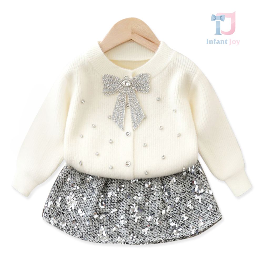 Set premium de 2 piese din cardigan cu fundă strălucitoare și fustă cu paiete Pearl Glimmer Vanilla