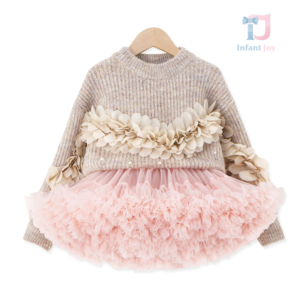 Set premium de 2 piese din pulover cu elemente 3D și perle și fustă cu tutu voluminos Pearl Rose Light