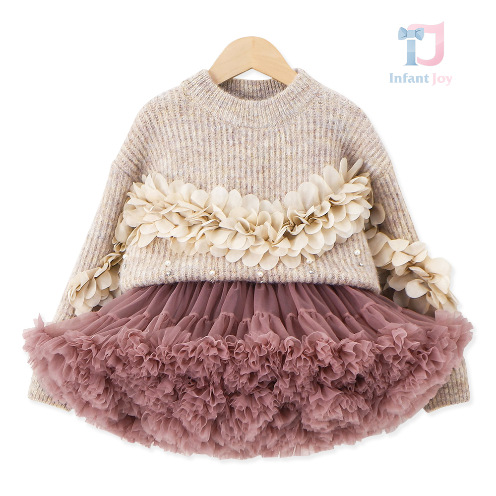 Set premium de 2 piese din pulover cu elemente 3D și perle și fustă cu tutu voluminos Pearl Rose